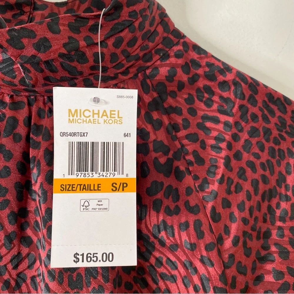 MICHAEL Michael Kors Wine Black Animal Print Pleated Blouse Long Puff Sleeve NWT - Picture 3 of 9